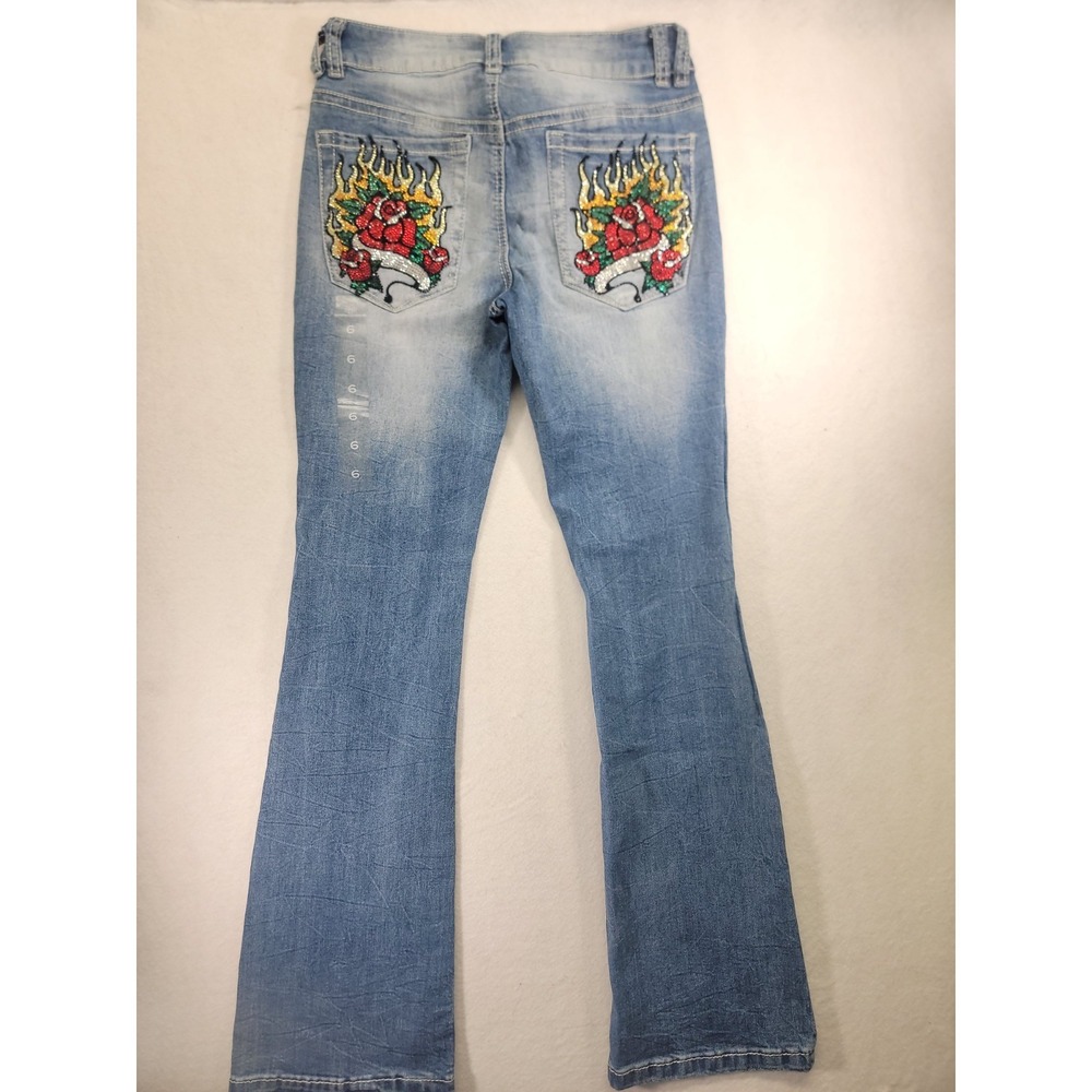 Ninth Hall‎ Alyssia Embroidered Rose Flame Rhinestone Jeans Bootcut NWOT Sz 6